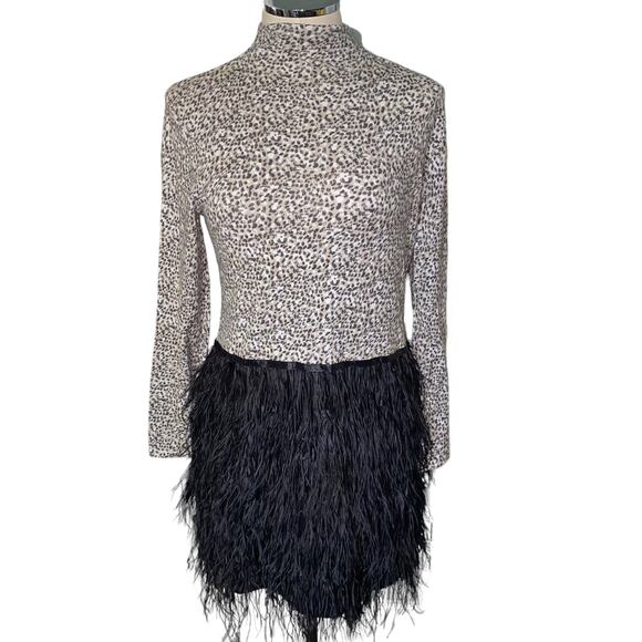 Tyler Boe Cheetah Feather tiered mock neck black Dress bell sleeved medium NWTs - Picture 3 of 11